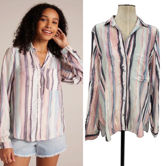 Bella Dahl Button Down Shirt Coastal Stripe Cream Pink Blue Size Medium - Picture 1 of 14